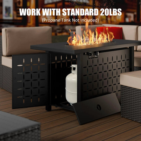 43 Inch Outdoor Gas Fire Pit Table With 50000 BTU Propane Heat Includes Lid And Lava Rock Rectangular Steel Patio Heater Black with open propane tank storage