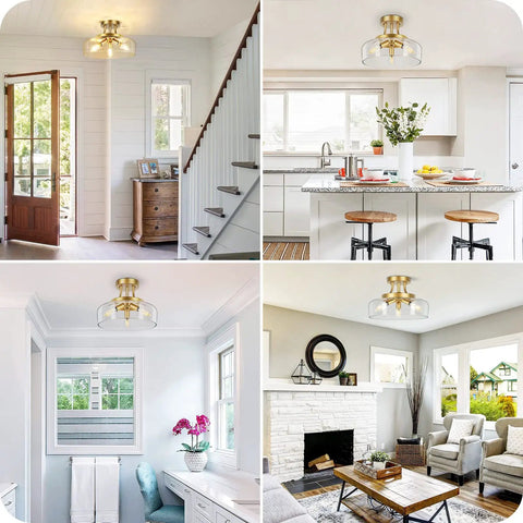 Gold 3 Light Semi Flush Mount Ceiling Light With Drum Glass Shade For Living Room Kitchen Bedroom Hallway Bathroom Laundry E12 Socket Bulbs Not Included