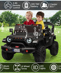 Huge 24V Ride On Car With Remote Control For Big Kids, two seater in black with kids enjoying 4WD off road style outdoors.