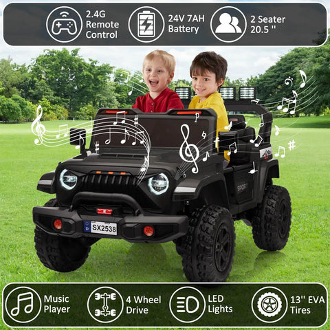 Huge 24V Ride On Car With Remote Control For Big Kids, two seater in black with kids enjoying 4WD off road style outdoors.