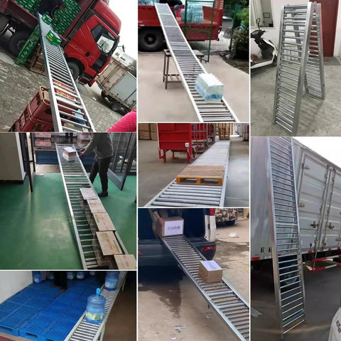 Heavy Duty Gravity Conveyor Roller Belt 20 Inch Wide Rustproof Stainless Steel Industrial Long Length For Warehouse Shipping Logistics And Construction Sites in use at loading docks.