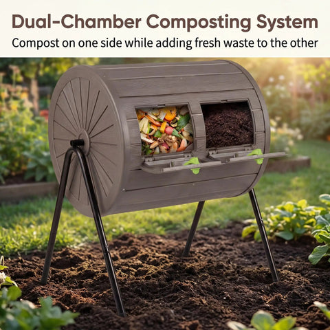 Dual Chamber 37.5 Gallon Rotating Compost Tumbler With Locking Doors No Fuss BPA Free Outdoor Bin For Garden Use