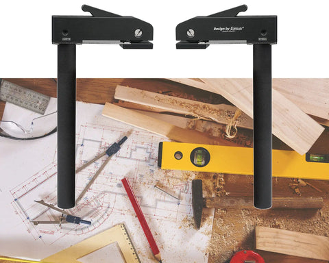 Badass 2 Pack Large Bench Holdfast Clamps 20mm Quick Acting Dog Hole Vise aluminum alloy clamps on a woodworking table with tools.