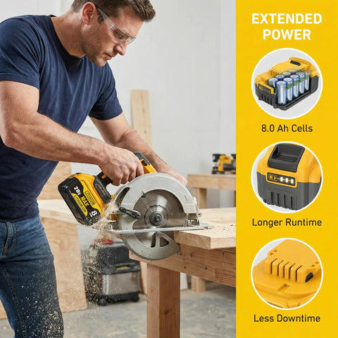 Rock Solid Heavy Duty 2 Pack 8 Ah Rechargeable Lithium Ion Battery Compatible With DeWalt 20V Max Power Tools For Drills And Impact Drivers Baked To Last Long Hours So You Can Finish The Job Without Breaking A Sweat in use with circular saw.