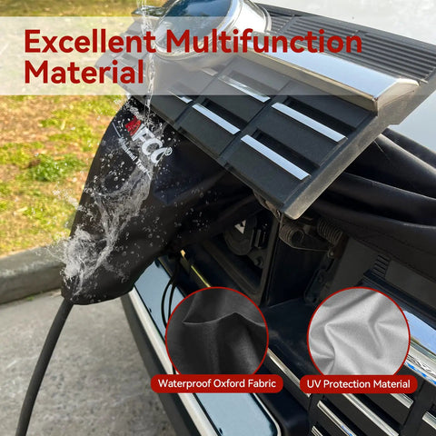 All Weather EV Charger Cover Outdoor Double Sided Shield with Magnetic Fasteners and Suction Cups on car charging port.