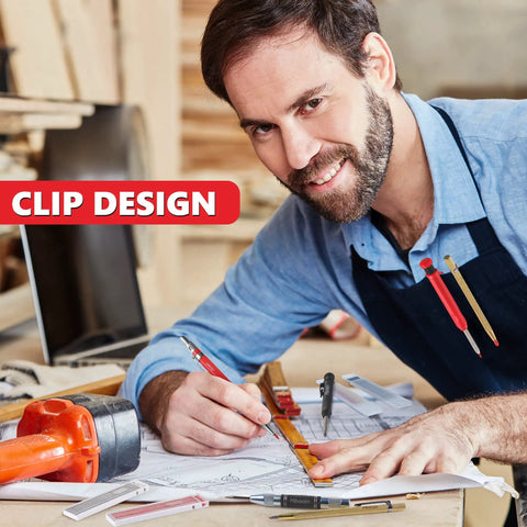 Man using 10 Pack Mechanical Carpenter Pencils Set With Sharpener Deep Hole Marker 2.8mm Refills at a woodworking station