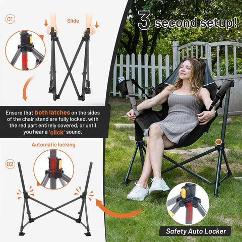 Woman sitting in Ultra Comfy Oversized Hammock Camping Chair Two Pack With Adjustable Back And Seat Height, black, outdoor setup instructions