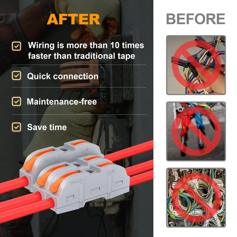 60 Piece Wire Connector Kit For 28-12 AWG Wire Inline Lever Push In Quick Connectors 1 To 1 Splice Nuts, before and after comparison