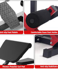 Close-up of 2 In 1 Roman Chair And Preacher Curl Bench For Home Gym details, showing anti-slip foot pedals and foam foot holder