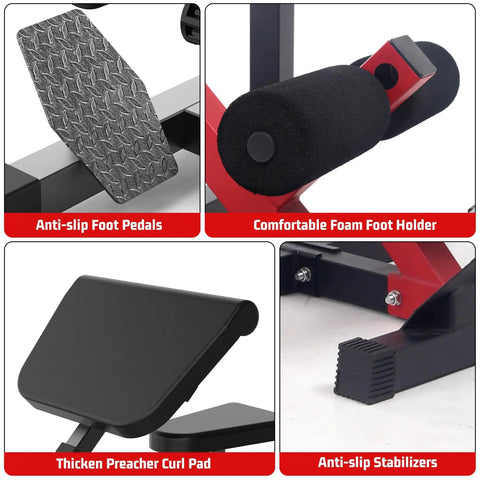 Close-up of 2 In 1 Roman Chair And Preacher Curl Bench For Home Gym details, showing anti-slip foot pedals and foam foot holder