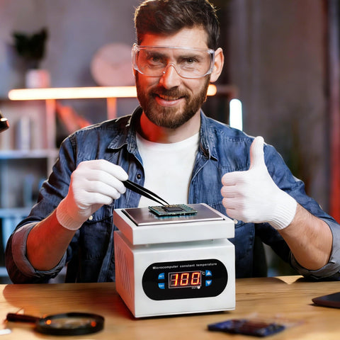 Engineer using Smart Preheat Soldering Hot Plate With Digital LED Display 100X100mm 110V 350W Microcomputer Temperature Controller
