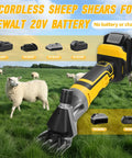 High Capacity Cordless Sheep Shears Gonna Slice Through Thick Wool Fast With Six Adjustable Speed Options And A Shock Absorbing Handle That Allows Your Hands To Ride Smooth Without Getting Achy Or Weary During Big Ranch Jobs, showcasing shears near sheep in a field.