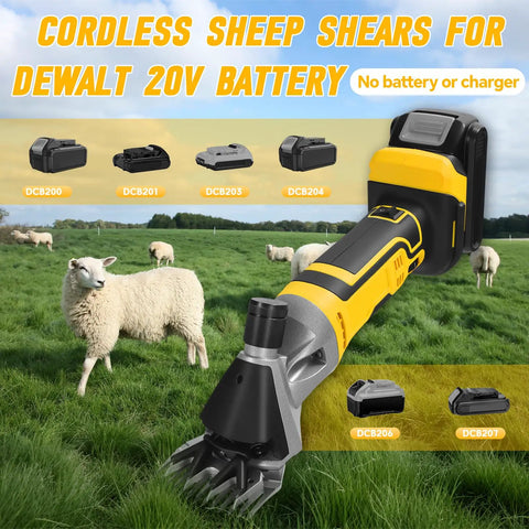 High Capacity Cordless Sheep Shears Gonna Slice Through Thick Wool Fast With Six Adjustable Speed Options And A Shock Absorbing Handle That Allows Your Hands To Ride Smooth Without Getting Achy Or Weary During Big Ranch Jobs, showcasing shears near sheep in a field.