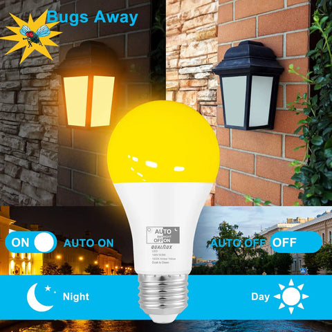 Dusk To Dawn Amber Yellow Bug Light Bulbs Outdoor 1900K Warm 600 Lumen 9.5W E26 Base 4 Pack Auto On Off light demonstration