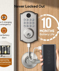 Super Tough Smart Fingerprint Door Lock With Dual Lever Handles Bringing Instant Biometric Scan Entry And Three Backup Keys For Knockout Security And Totally Straight Forward Everyday Use displaying Type-C charging and low battery alert.