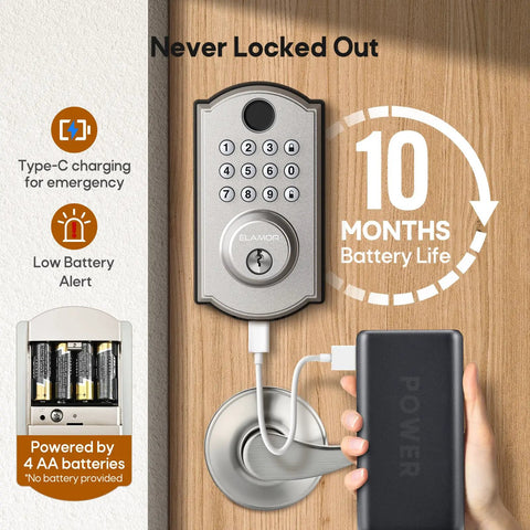 Super Tough Smart Fingerprint Door Lock With Dual Lever Handles Bringing Instant Biometric Scan Entry And Three Backup Keys For Knockout Security And Totally Straight Forward Everyday Use displaying Type-C charging and low battery alert.