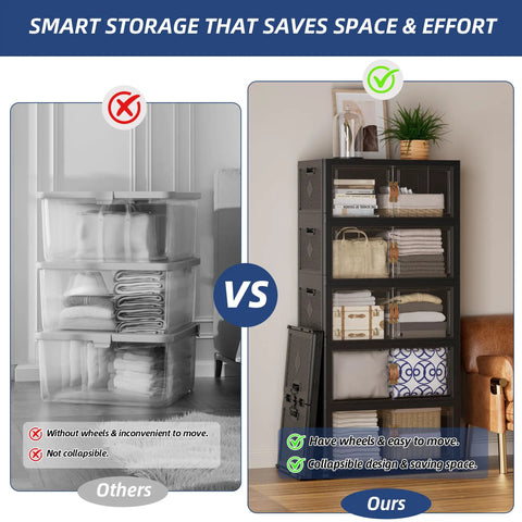 No Sweat Roll Away Stackable Storage Bins With Smooth Casters And Parking Brakes Large Folding Closet Organizers For Messy Rooms And Junk Drop Boxes Black Five Pack Ready comparison image showing collapsible storage option.
