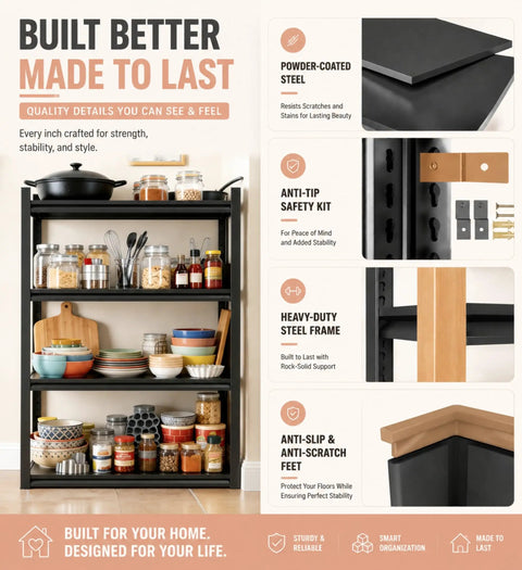 3 Tier Kitchen Storage Shelf 32 Inch High Adjustable Metal Microwave Stand Beefy Steel Rack details and features