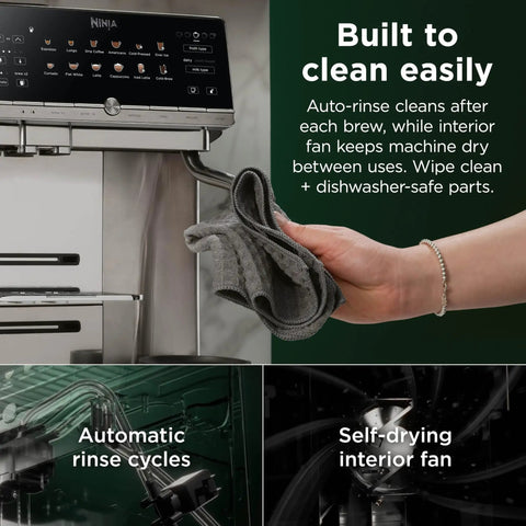 Fully Automatic Espresso Machine With 10 Custom Options And Built In Grinder Pours Barista Level Coffee Directly On Your Counter Using Easy One Touch Controls For A Smooth Daily Grind That Hits Different, showing cleaning features and auto-rinse.