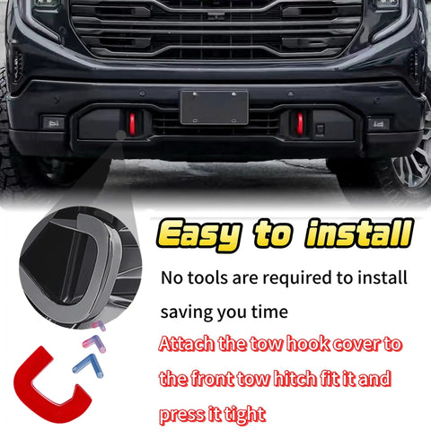 Front view of GMC Sierra 1500 with red silicone tow hook cover, easy install guide shown, fits 2019-2024 models.