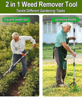 Two people using 58-Inch Stand Up Weed Puller Tool With Long Handle 2-In-1 Manual Weeder And Garden Hoe With 4-Claw Steel Head