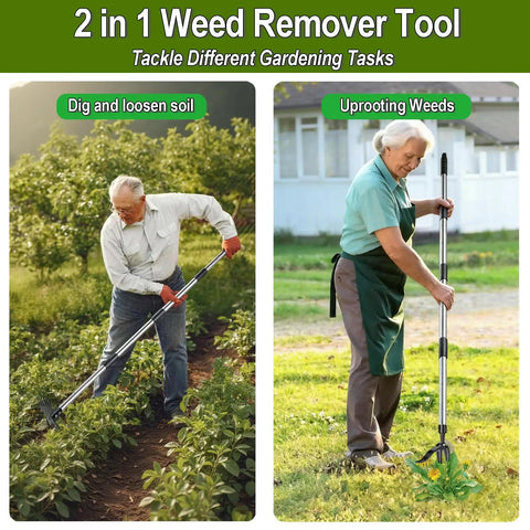 Two people using Stand Up Weed Puller Tool With 58 Inch Adjustable Handle 2 In 1 Tough As Nails Manual Weeder And Garden Hoe 4 Claw Steel Head Weed Remover For Yard Lawn Patio Flower Bed Includes Gloves For Easy Weeding