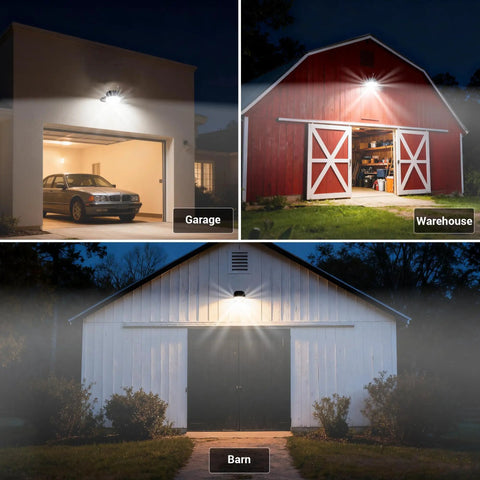 LED Barn Light With Dusk To Dawn Sensor And Motion Detection, 55W 7500LM, illuminating garage, barn, and warehouse at night.