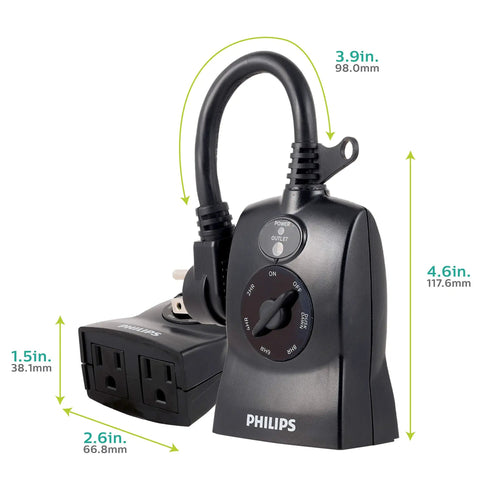 Outdoor Light Sensing Plug In Mechanical Timer With Dual Polarized Outlets For Yard And Patio Lighting measuring 4.6x3.9 inches in black.
