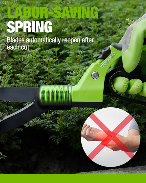 Ultra Sharp 15 Inch Grass Shears With 360 Degree Swivel Blades showing labor-saving spring with green TPR handle.