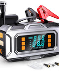 Badass 8000A Jump Starter With Portable Car Battery Rescue And 180 PSI Auto Shutoff Tire Inflator, compact with digital display and jumper cables.