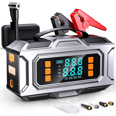 Badass 8000A Jump Starter With Portable Car Battery Rescue And 180 PSI Auto Shutoff Tire Inflator, compact with digital display and jumper cables.