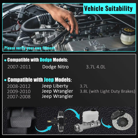 Straight Shooter Vacuum Power Brake Booster Fits Jeep Wrangler Liberty Dodge Nitro 2007 Through 2012 shown with installation details.
