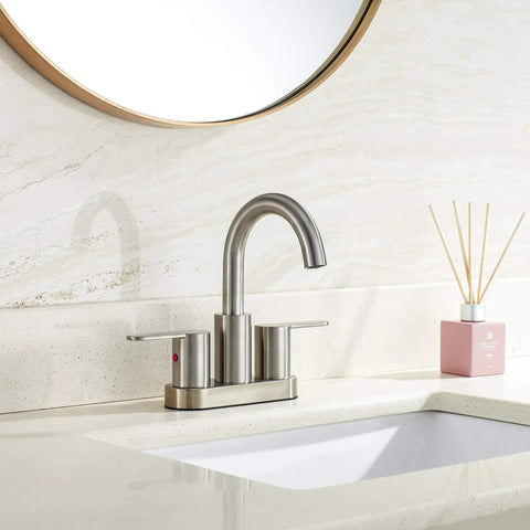Brushed Nickel Centerset Bathroom Faucet With Drain Assembly High Arc 4 Inch Lavatory 3 Hole Mount Two Handles Brass 360 Degree Swivel Spout Solid Brass Waterway Drip Free Ceramic Cartridge cUPC NSF61 CEC Certified installed on white sink with mirror