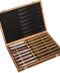 Open wooden box displaying the 8-Piece HSS Wood Turning Tools Lathe Chisel Set with Teak Handles, Pre-Sharpened Steel Blades.