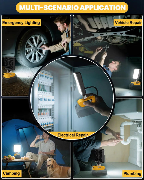 Multi-scenario use of 38W 3800LM LED Work Light for Dewalt 20V battery in emergency, vehicle, electrical, camping, plumbing.
