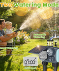 Solar Powered Sprinkler Timer With Brass Inlet Dual Outlet Garden Hose Controller on a garden faucet with child