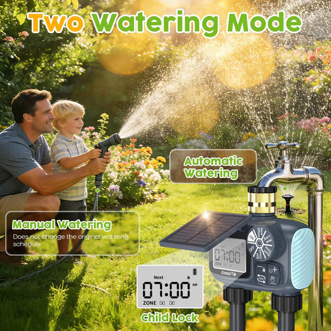 Solar Powered Sprinkler Timer With Brass Inlet Dual Outlet Garden Hose Controller on a garden faucet with child