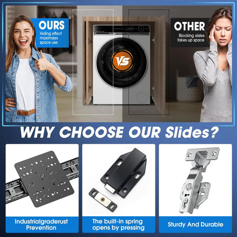 Smooth Operator 22 Inch Pocket Door Hardware Kit With Built Tough Steel Rollers And Cabinet Hinge Set For Tight Spaces Silent Gliding Slide Track System No Sweat Install Two Pack comparison image showing space-saving benefits and product features.