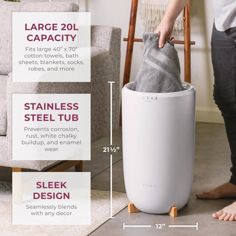 Person using Big Towel Warmer Bucket With Auto Shut Off Four Timer Settings for on-demand spa-worthy heat, fits two 40x70 towels.