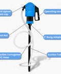 Diagram of Beefy Lever Action Drum Pump for 55 gallon drums, highlighting parts including lock nut, 2" bung adaptor, and flexible PVC hose