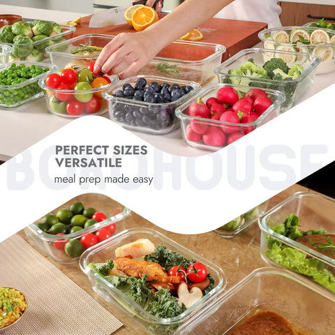 10-Pack Glass Food Storage Containers With Tempered Lids For Meal Prep And Leftovers, Borosilicate Glass, filled with fresh produce