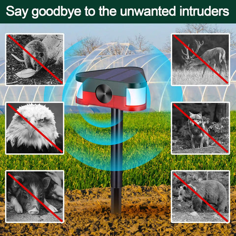 2 Pack 360 Degree Solar Outdoor Motion Sensor Alarm With 3 Loud 129dB Sirens Remote Control 4 Modes Ultrasonic Animal Deterrent For Yard Garden Farm scare zone