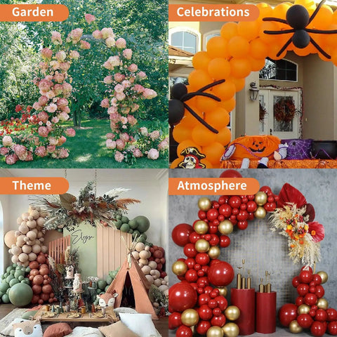 Various garden arch and celebration decorations for themed atmospheres, showcasing flowers, balloons, and festive decor.