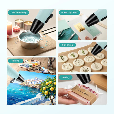 Dual Temp 350W Heat Gun For Resin And DIY Crafting projects including candle making, embossing, clay drying, painting, and sealing.
