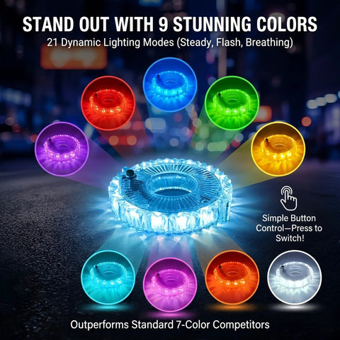 Rechargeable Bike Wheel Lights With Nine Colors And Twenty-One Modes, multiple colors displayed around single LED light