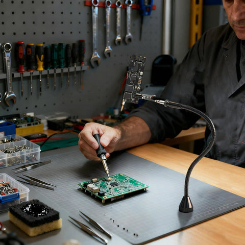 Magnetic Helping Hands Soldering Tool With Four Flexible Gooseneck Clamps And A Strong Magnetic Base holding a PCB in workshop