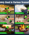 Collage of Cordless Leaf Blower With Turbo Power Beast 2x 4.0Ah Batteries And Charger Snow Blower Function in various uses