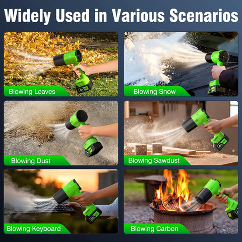 Collage of Cordless Leaf Blower With Turbo Power Beast 2x 4.0Ah Batteries And Charger Snow Blower Function in various uses