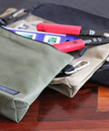 Heavy Duty Tool Pouch Set Large 12 Inch Zipper Bags With Flat Bottom YKK Zippers 3 Pack on wooden surface
