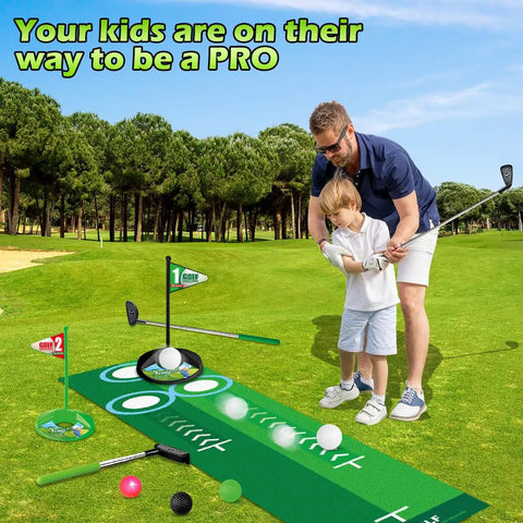 Father and son playing with Upgraded Kids Golf Set With Dinosaur Automatic Returner Light Up Night Golf Balls 3 Clubs Putting Mat.